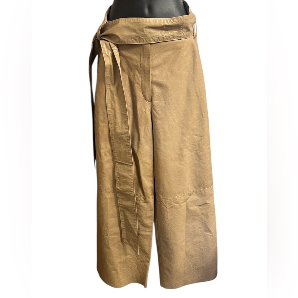 DROMe Pelle Leather Tan Wide Leg Pants with Tie Waist Sz S